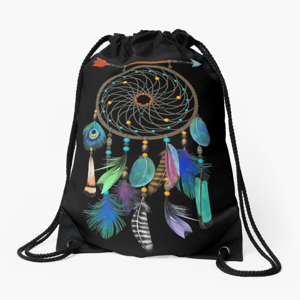 Watercolor Feathers Dream Catcher Drawstring Bag