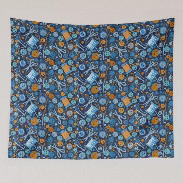 Item preview, Sewing Supplies Buttons Scissors Collage Pattern Navy Blue Yellow designed and sold by Julia Khoroshikh.
