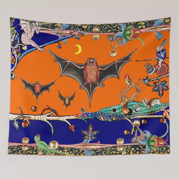 Item preview, WEIRD MEDIEVAL BESTIARY,FLYING BATS IN NIGHT BLUE ORANGE ,UNICORN ,KILLER RABBIT  designed and sold by BulganLumini.