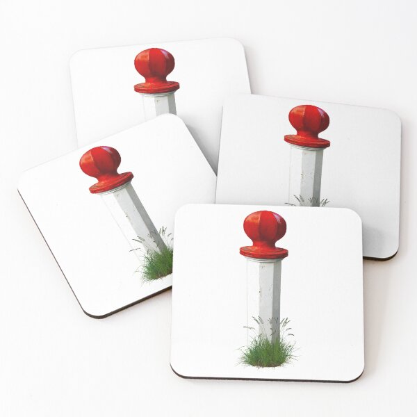 Item preview, White metal bollard with bright red top and grass weeds at the base. designed and sold by janesg.