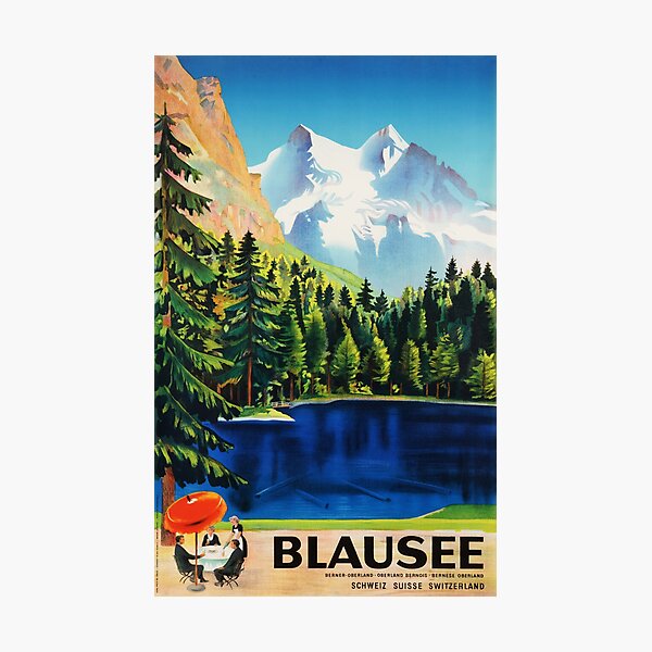 Aperçu de l'œuvre BLAUSEE LAKE Oberland bernois Suisse 1934 Otto Baumberger Affiche de voyage de la vieille Europe créée et vendue par retroposters.