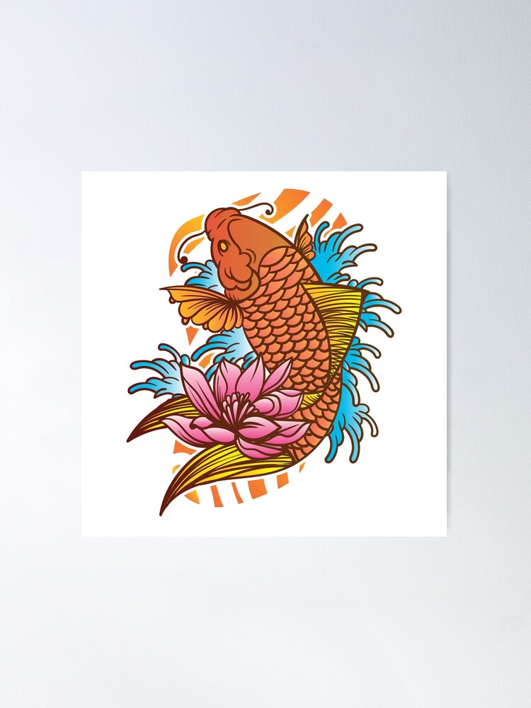 Premium Vector  Koi fish with japanese wave and flowers in japanese tattoo  illustration style