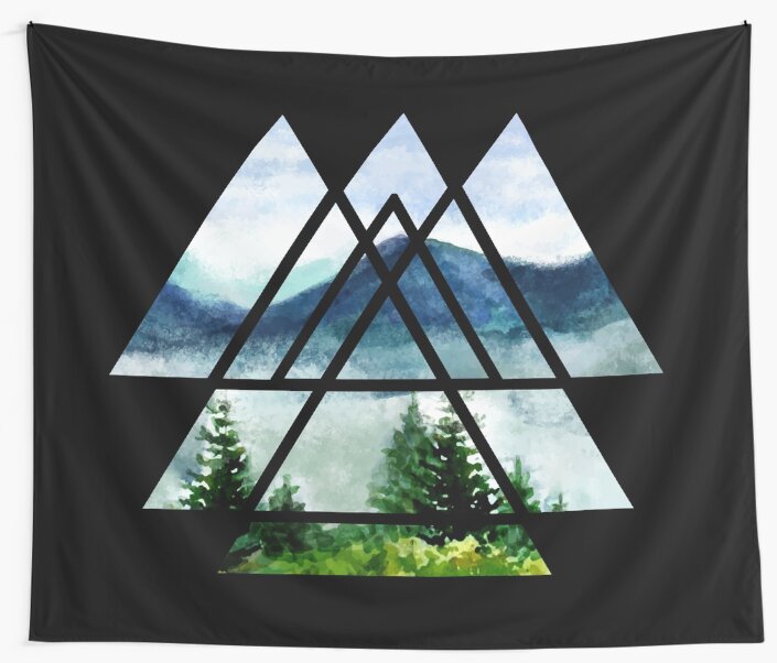 "Sacred Geometry Triangles Watercolor Landscape" Wall Tapestries by