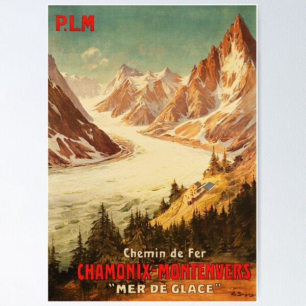 Aperçu de l'œuvre Chemin de Fer CHAMONIX MONTENVERS Mer De Glace France PLM Railways 1910 Vintage Travel Poster créée et vendue par retroposters.