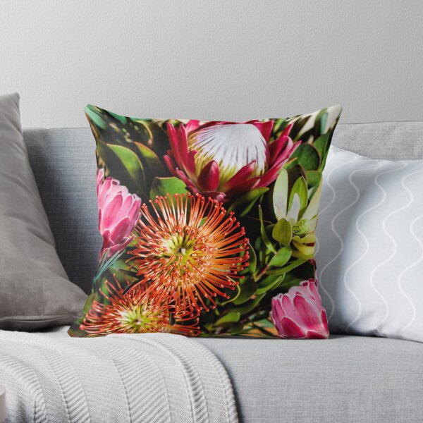 Colourful Protea Flowers in Loose Arrangement Throw Pillow