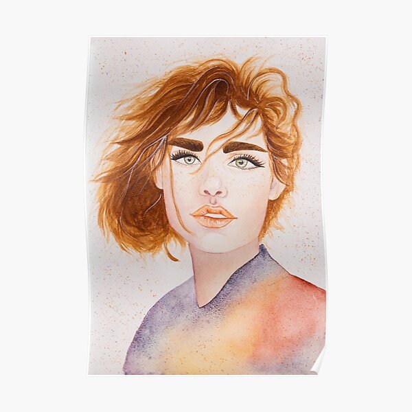 Stunning portrait of red head woman in watercolour Poster