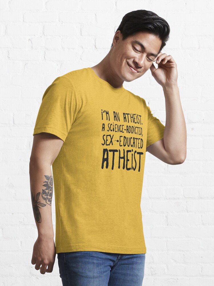 Alternate view of EMO the Musical - Sex educated Atheist... Black font Essential T-Shirt