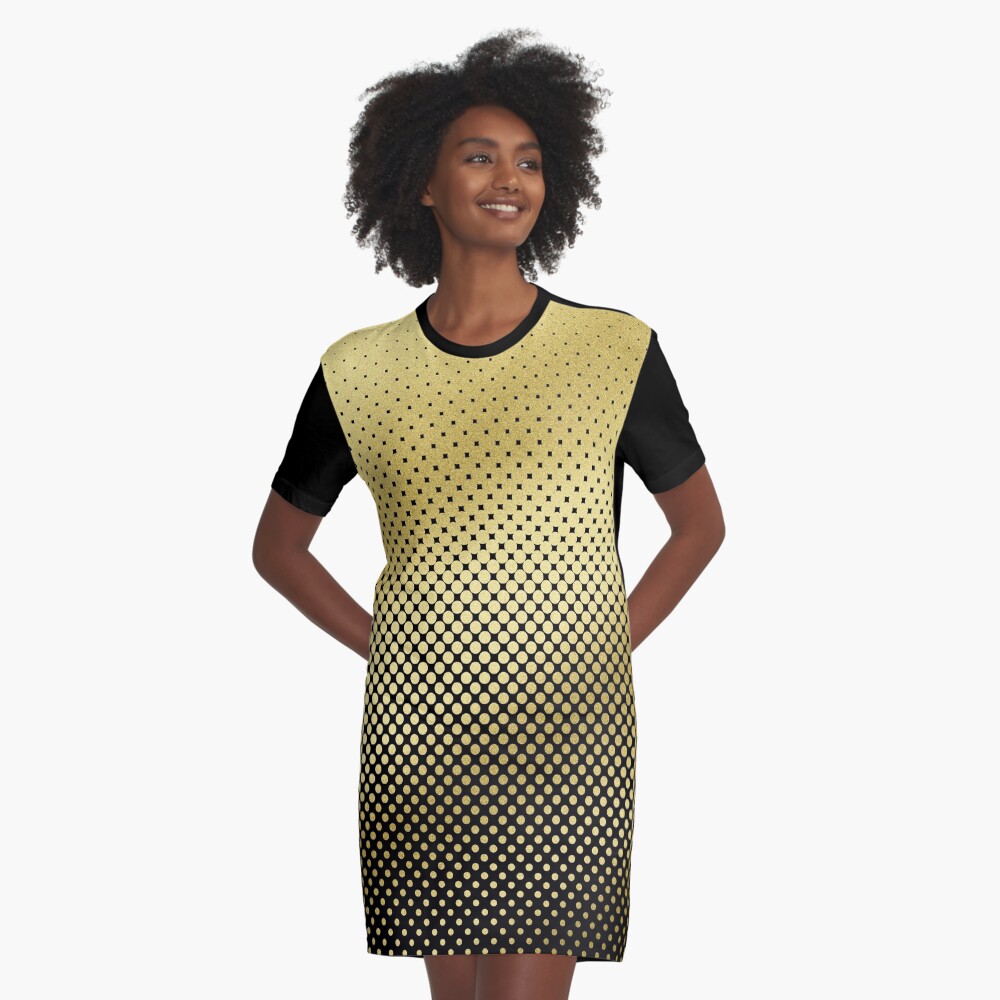 Polka Dots Gold Glitter Black Modern Graphic T-Shirt Dress