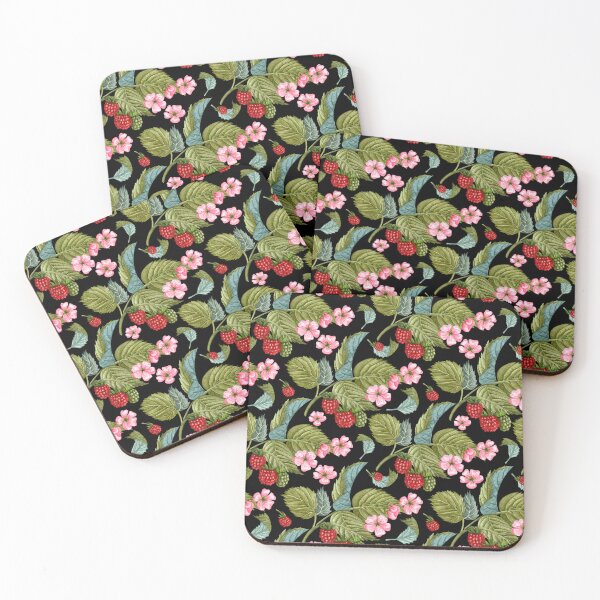 Item preview, Raspberry Branches with Leaves and Flowers on Black Background Pattern designed and sold by silviaol.