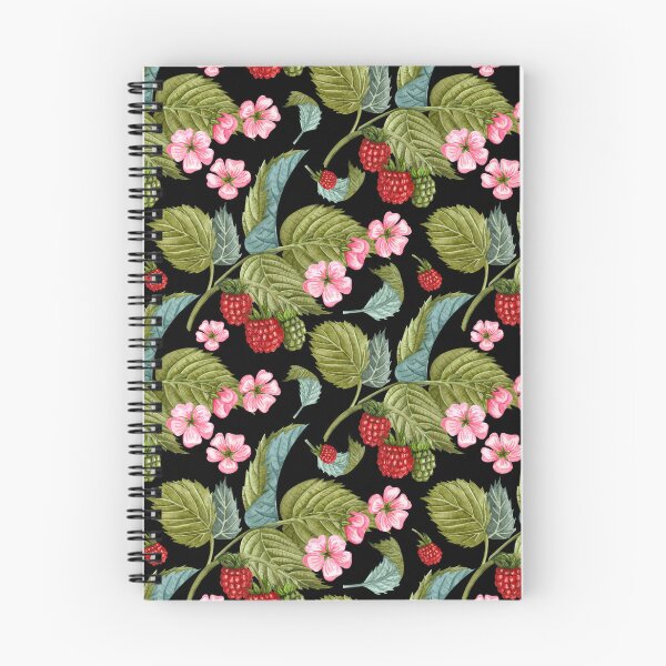 Item preview, Raspberry Branches with Leaves and Flowers on Black Background Pattern designed and sold by silviaol.