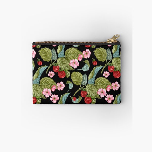Item preview, Raspberry Branches with Leaves and Flowers on Black Background Pattern designed and sold by silviaol.
