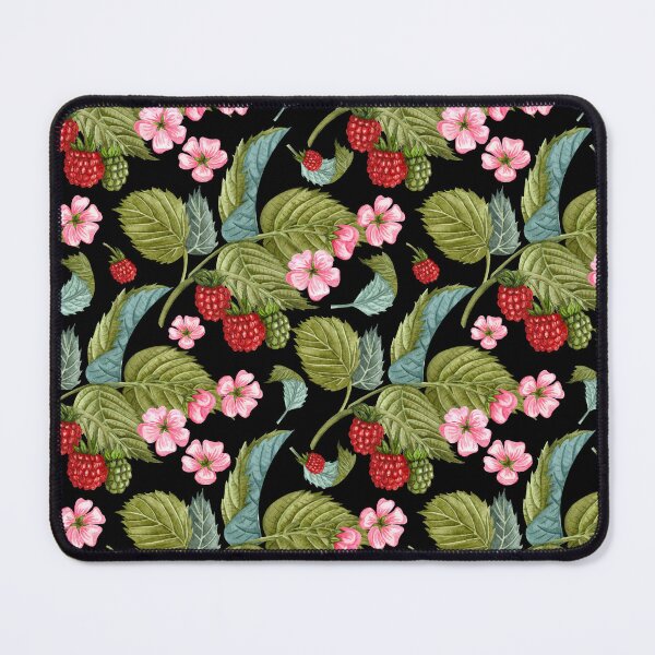 Item preview, Raspberry Branches with Leaves and Flowers on Black Background Pattern designed and sold by silviaol.