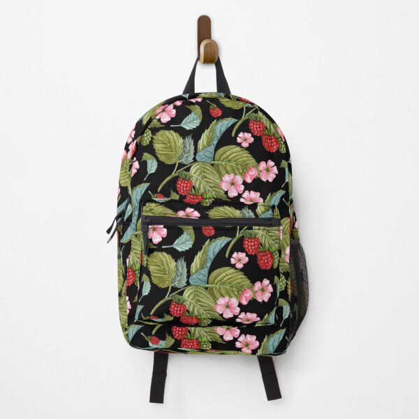 Item preview, Raspberry Branches with Leaves and Flowers on Black Background Pattern designed and sold by silviaol.