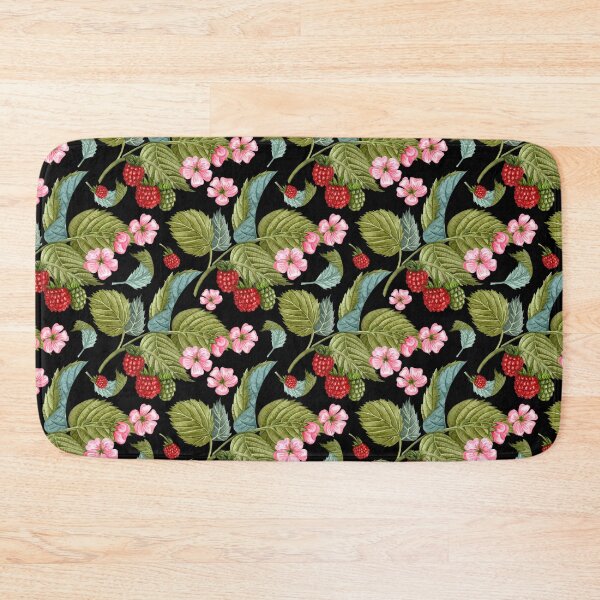 Item preview, Raspberry Branches with Leaves and Flowers on Black Background Pattern designed and sold by silviaol.