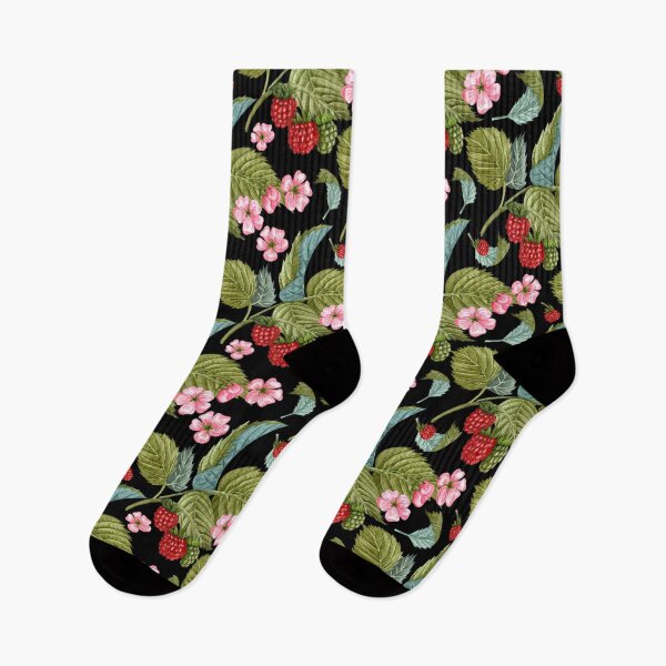 Item preview, Raspberry Branches with Leaves and Flowers on Black Background Pattern designed and sold by silviaol.