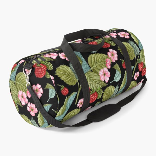 Item preview, Raspberry Branches with Leaves and Flowers on Black Background Pattern designed and sold by silviaol.