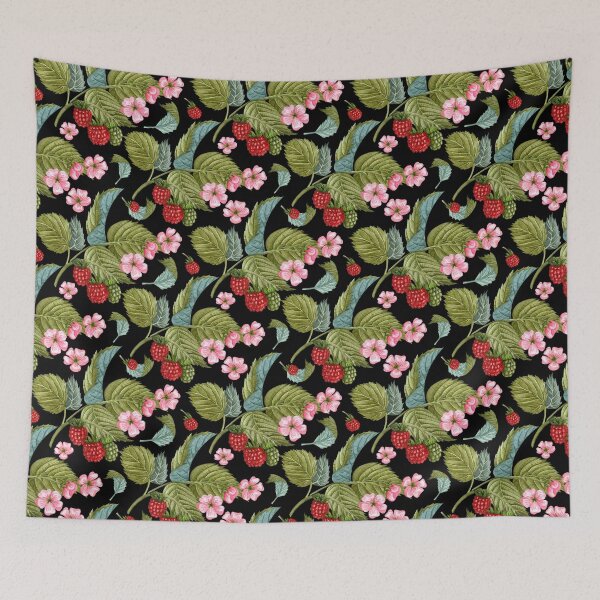 Item preview, Raspberry Branches with Leaves and Flowers on Black Background Pattern designed and sold by silviaol.