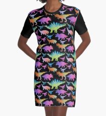 Dinosaur rainbow on black Graphic T-Shirt Dress