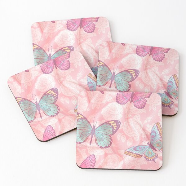 Item preview, romantic floral pink background with blue, pink and green butterlfies designed and sold by Beeroclock.