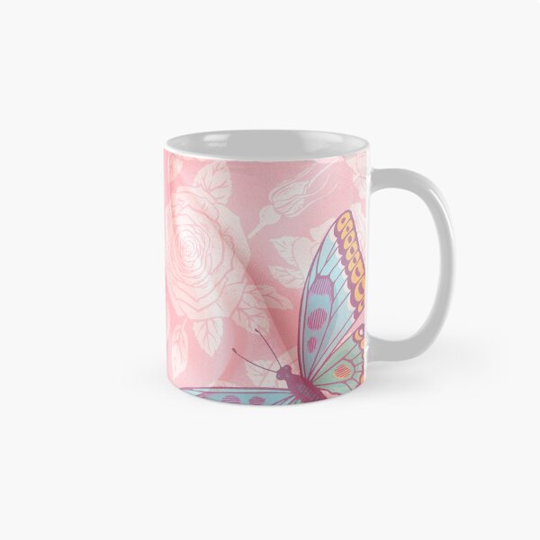 Item preview, romantic floral pink background with blue, pink and green butterlfies designed and sold by Beeroclock.