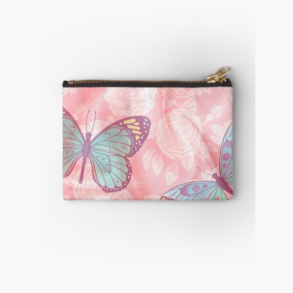 Item preview, romantic floral pink background with blue, pink and green butterlfies designed and sold by Beeroclock.