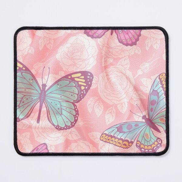 Item preview, romantic floral pink background with blue, pink and green butterlfies designed and sold by Beeroclock.