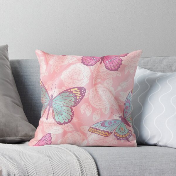 Item preview, romantic floral pink background with blue, pink and green butterlfies designed and sold by Beeroclock.