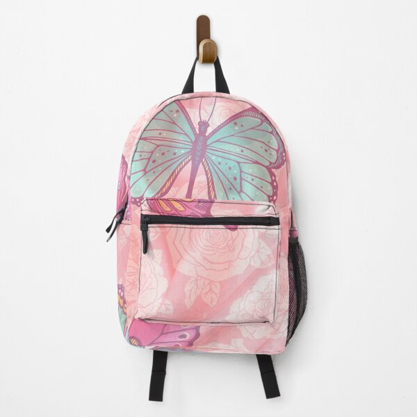 Item preview, romantic floral pink background with blue, pink and green butterlfies designed and sold by Beeroclock.
