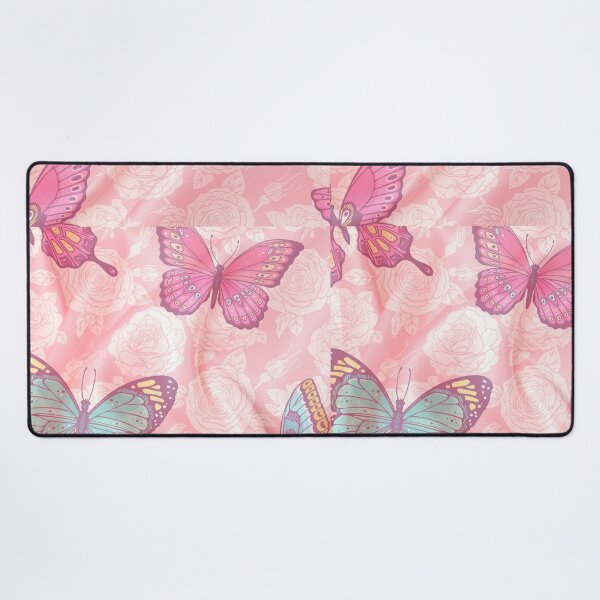Item preview, romantic floral pink background with blue, pink and green butterlfies designed and sold by Beeroclock.