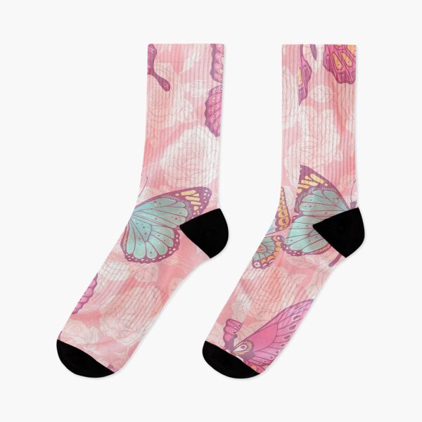 Item preview, romantic floral pink background with blue, pink and green butterlfies designed and sold by Beeroclock.