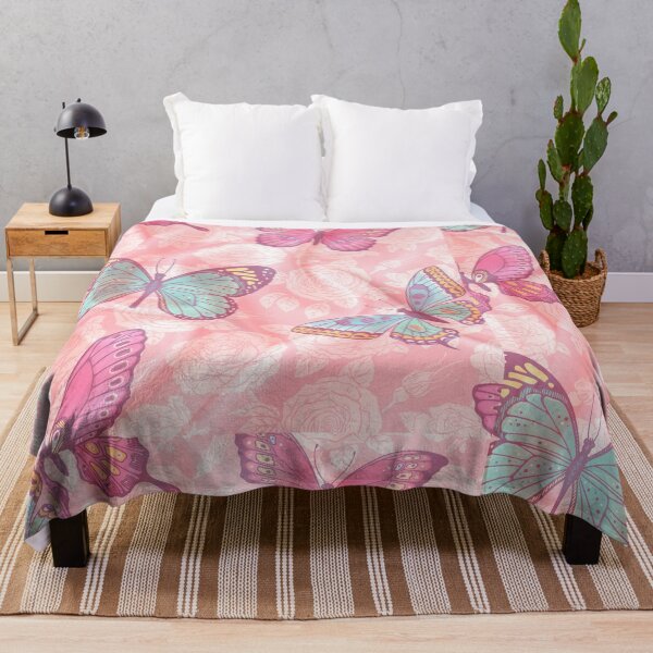 Item preview, romantic floral pink background with blue, pink and green butterlfies designed and sold by Beeroclock.