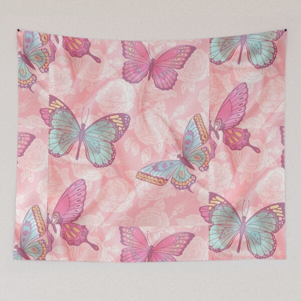Item preview, romantic floral pink background with blue, pink and green butterlfies designed and sold by Beeroclock.