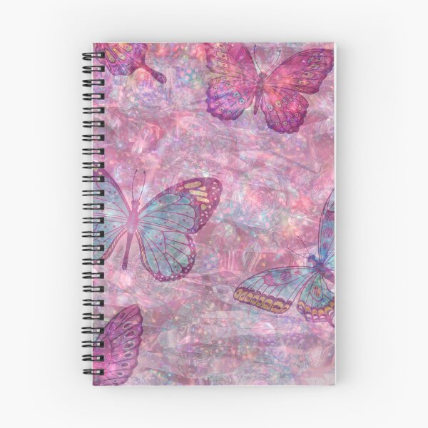 Item preview, romantic floral pink sparkling background with blue, pink and green butterlfies designed and sold by Beeroclock.