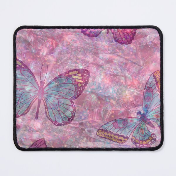 Item preview, romantic floral pink sparkling background with blue, pink and green butterlfies designed and sold by Beeroclock.