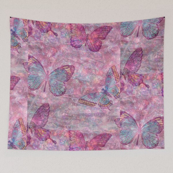 Item preview, romantic floral pink sparkling background with blue, pink and green butterlfies designed and sold by Beeroclock.