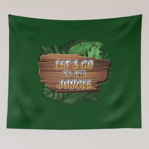 Item preview, Let's go to the Jungle - A wooden sign with exotic leaves in the background designed and sold by velisani.
