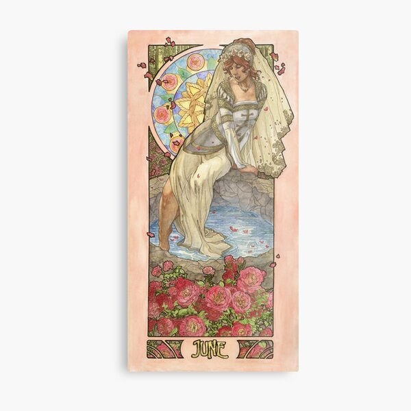 Lady of June Summer Solstice Bride with Sun Wheel and Roses Mucha Inspired Birthstone Series Metal Print