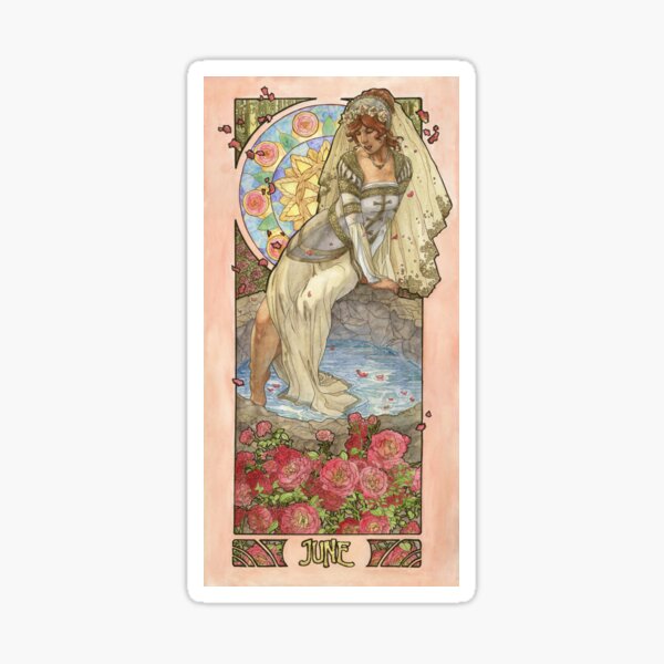 Lady of June Summer Solstice Bride with Sun Wheel and Roses Mucha Inspired Birthstone Series Sticker