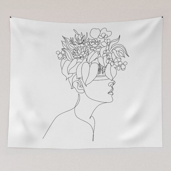 Item preview, Abstract face with head flowers by one line drawing. Minimalist style portrait. Cosmetics nature symbol. Modern continuous line drawing. Fashion print. Beauty Living Room Art Canvas Print designed and sold by NotUrAverageART.