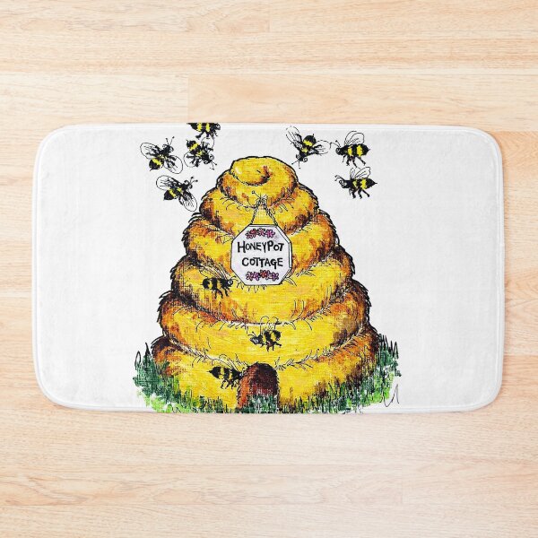 Item preview, Honet Pot Cottage. A straw beehive, or skep, on grass with several bees flying around. Acrylic on art paper. designed and sold by janesg.