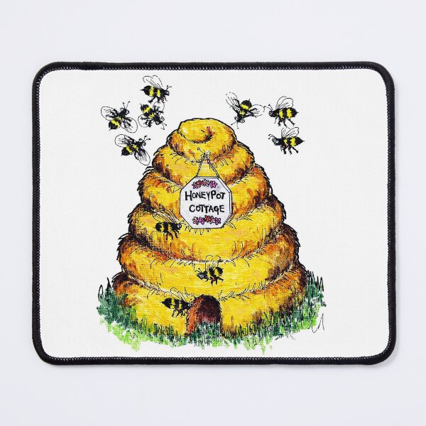 Item preview, Honet Pot Cottage. A straw beehive, or skep, on grass with several bees flying around. Acrylic on art paper. designed and sold by janesg.