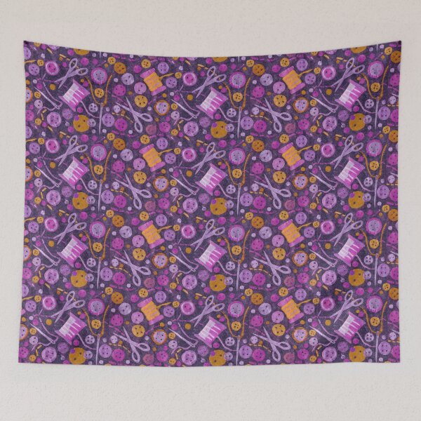 Item preview, Sewing Supplies Buttons Scissors Collage Pattern Navy Purple Orange designed and sold by Julia Khoroshikh.