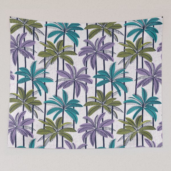 Item preview, Retro Palm Springs vibes // white background highball green peacock blue and violet palm trees oxford navy blue line contour designed and sold by SelmaCardoso.