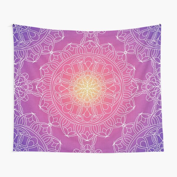 White Lace Mandala in Purple, Pink, and Yellow Tapestry