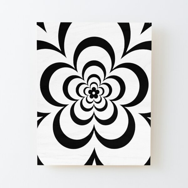 White Over Black Abstract Line Art Flower Pattern Wood Mounted Print