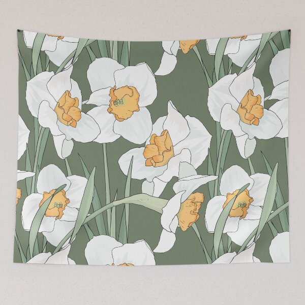 Item preview, White daffodils on a green background designed and sold by hmorena.