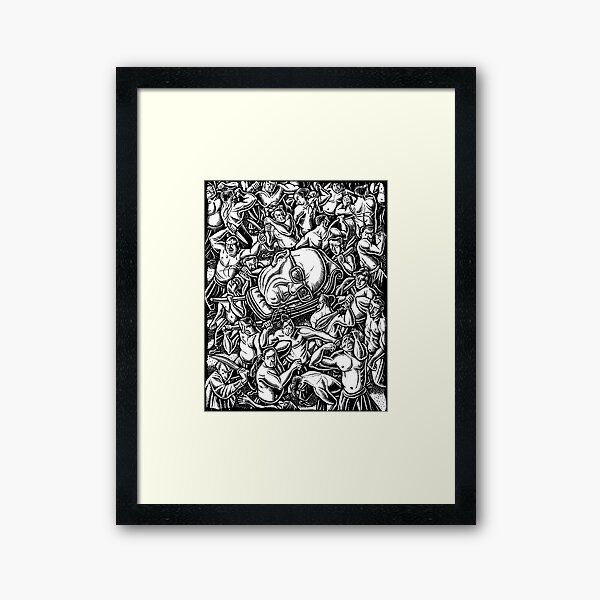 The Giant Head of Philosopher Michel Foucault amidst a scene of Whipping and Flagellation Framed Art Print