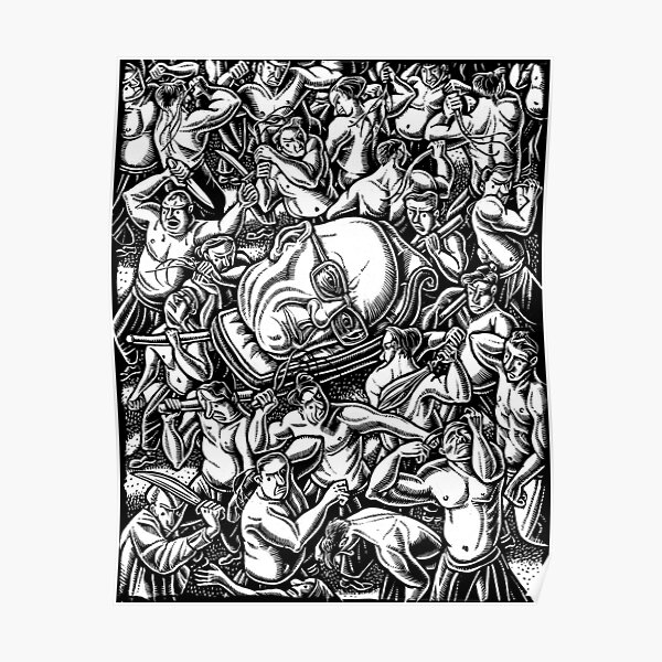 The Giant Head of Philosopher Michel Foucault amidst a scene of Whipping and Flagellation Poster