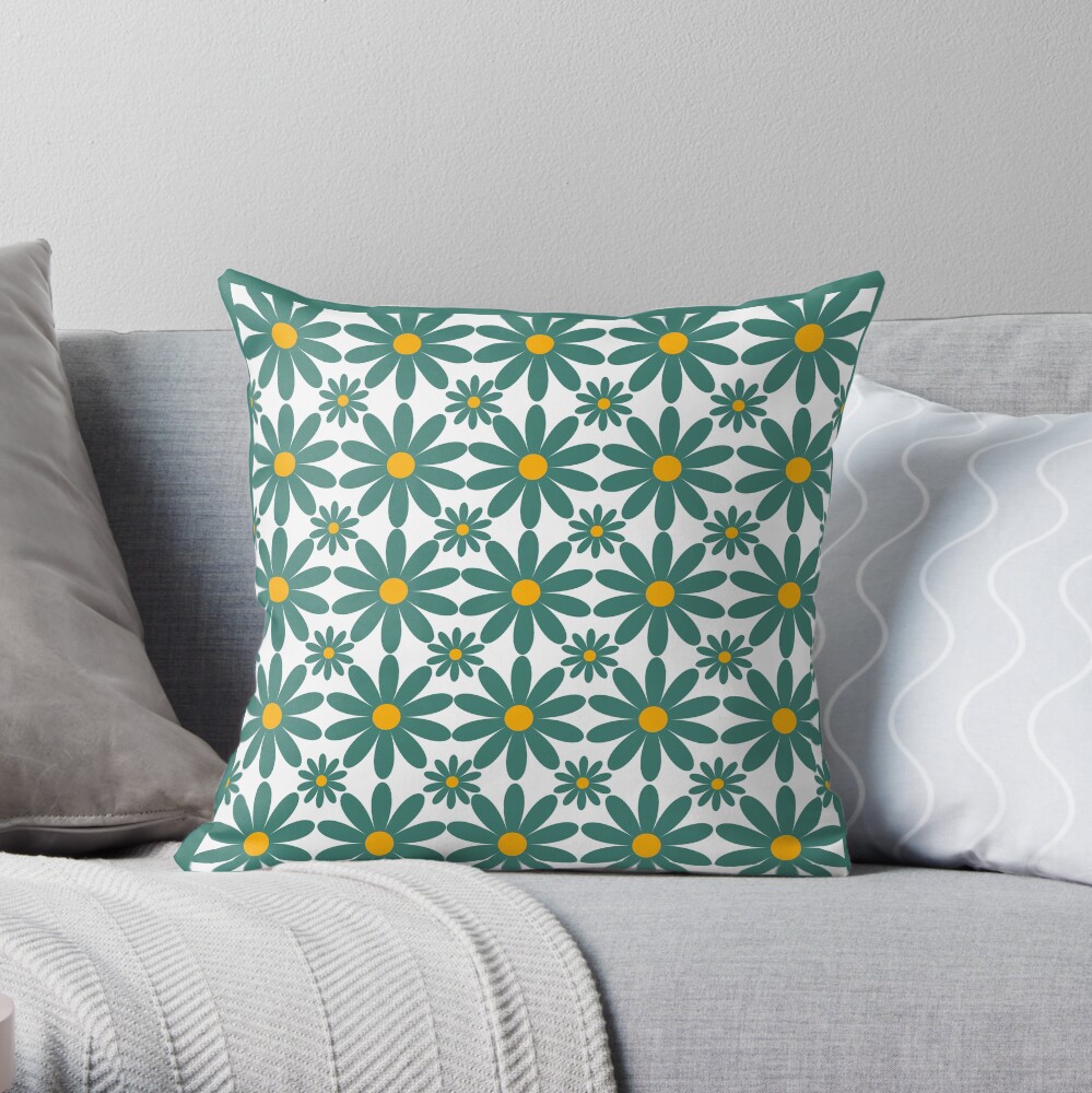 Flower Grid In Turquoise & Yellow Throw Pillow