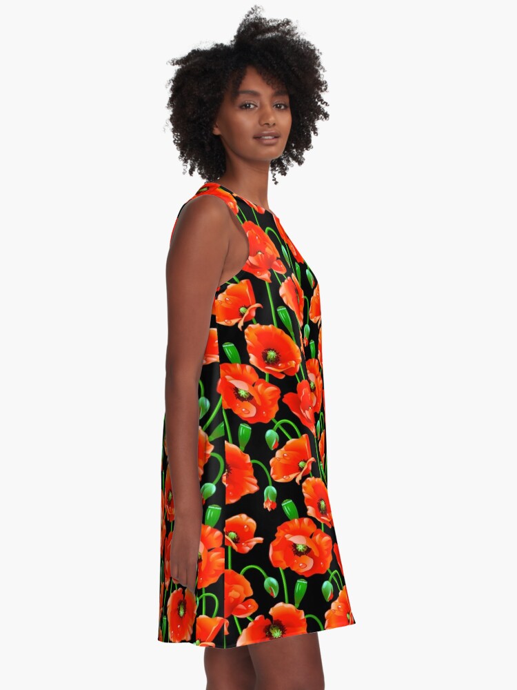 Alternate view of Red Poppies on Black A-Line Dress